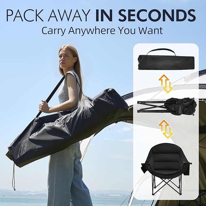 Oversized Camping Chairs for Adults - Heavy Duty Padded Outdoor Folding Lawn XL Camp Chair with Cup Holder Cooler Pockets for Outside Sports Beach Fishing Garden Portable Supports 500lbs, AllBlack - Image 6