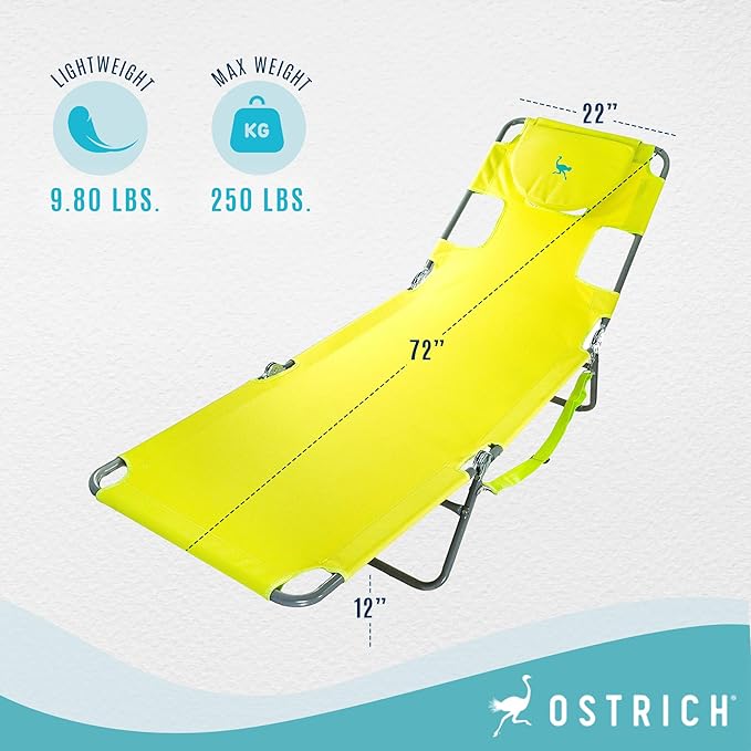 Ostrich The Original Chaise 72 x 22 Inch Lounge Portable Reclining Lounger, Outdoor Patio, Beach, Lawn, Camping, or Pool Tanning Chair, Lime Green - Image 3