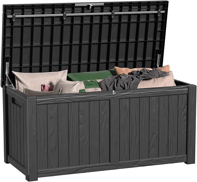 150 Gallon Outdoor Deck Box, Lockable Waterproof Outdoor Storage Boxes For Garden Tools,Indoor Cushions,Accessories Outside Storage Resin Weatherproof Container(Black) by MAIUSCOLI