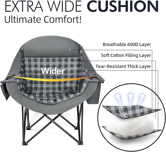 Oversized Camping Chairs for Adults - Heavy Duty Padded Outdoor Folding Lawn XL Camp Chair with Cup Holder Cooler Pockets for Outside Sports Beach Fishing Garden Portable Supports 500lbs, Grey - Image 3