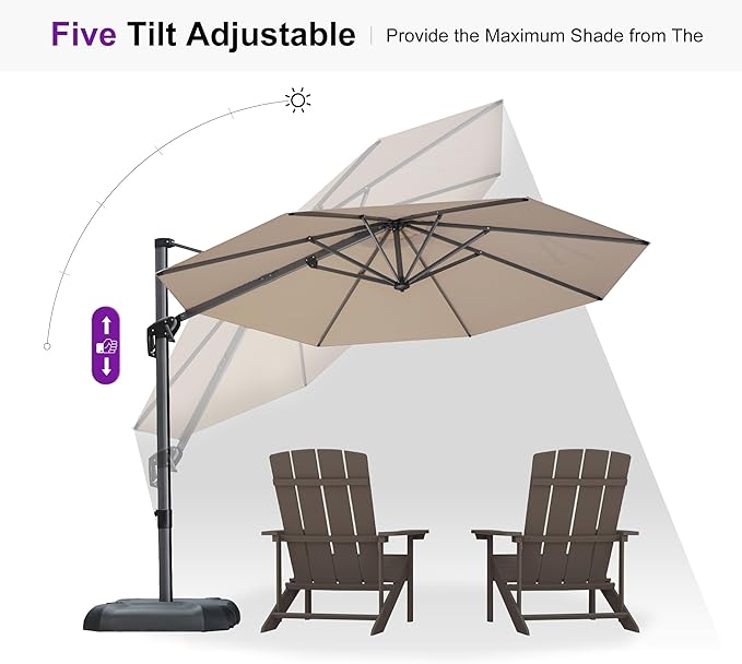 PURPLE LEAF 10 Feet Patio Umbrella with Base Outdoor Cantilever Round Umbrella Aluminum Offset Umbrella with 360-degree Rotation for Garden Deck Pool Patio, Beige - Image 6