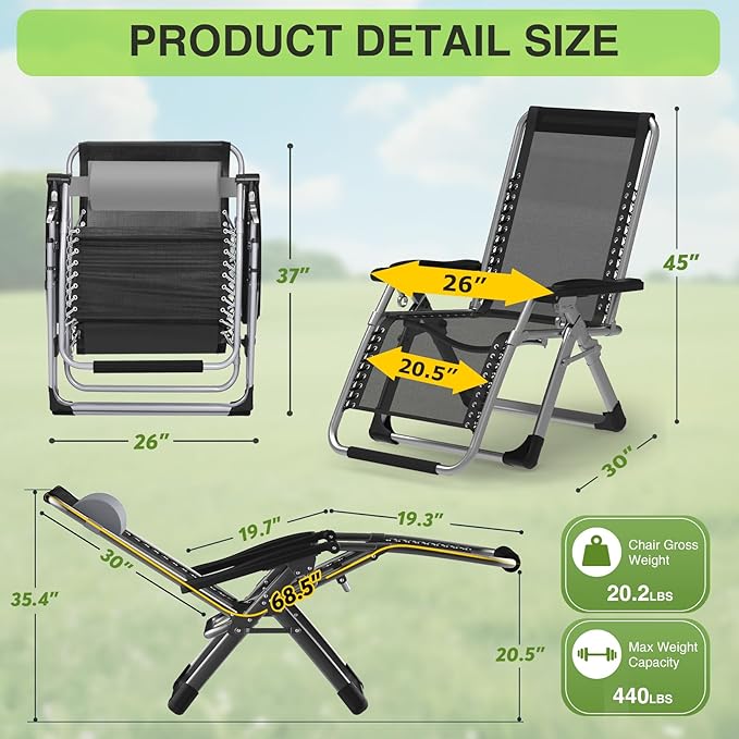 Suteck Zero Gravity Chair Set of 2, Reclining Camping Lounge Chair w/Removable Cushion, Upgraded Lock and Cup Holder, Reclining Patio Chairs Folding Recliner for Indoor and Outdoor - Image 2