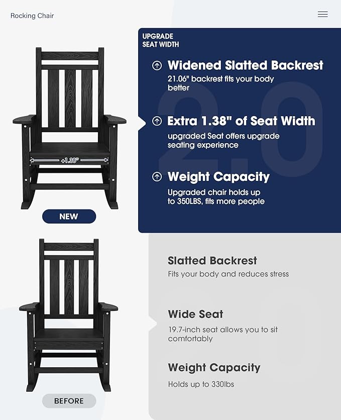 KINGYES Oversized Outdoor Rocking Chair Set of 6, All-Weather Patio Rocking Chairs for Porch, HDPE Outdoor Patio Rockers with High Back & Wide Seat for Garden, Lawn, Black - Image 4