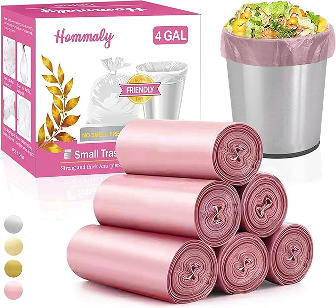 4 Gallon/180pcs Small Pink Trash/Garbage Bags, Bathroom Can Bin Liners by HOMMALY