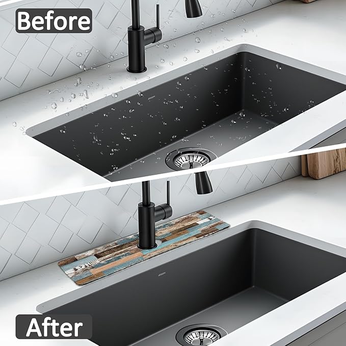 2PCS 15" X 5.5" Kitchen Sink Splash Guard Faucet Mat Wood Grain Super Absorbent - Image 7