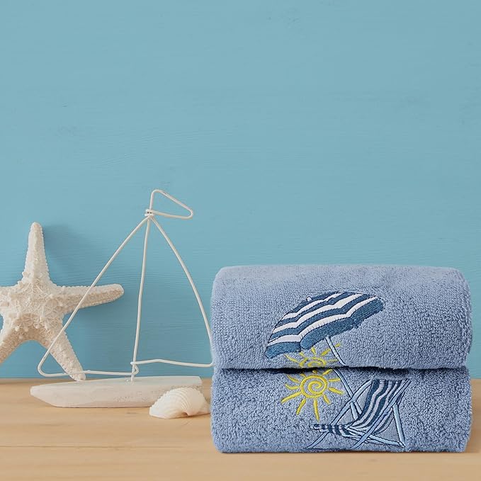 2 Pcs Beach Chair Hand Towels Slate Blue Bathroom Decor 14x29 Inch Embroidered - Image 5
