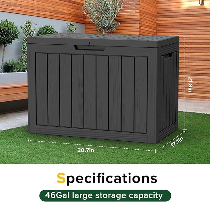 46 Gallon Outdoor Deck Box, Lockable Waterproof Outdoor Storage Boxes For Garden Tools,Indoor Cushions,Accessories Outside Storage Resin Weatherproof Container(Black) - Image 5