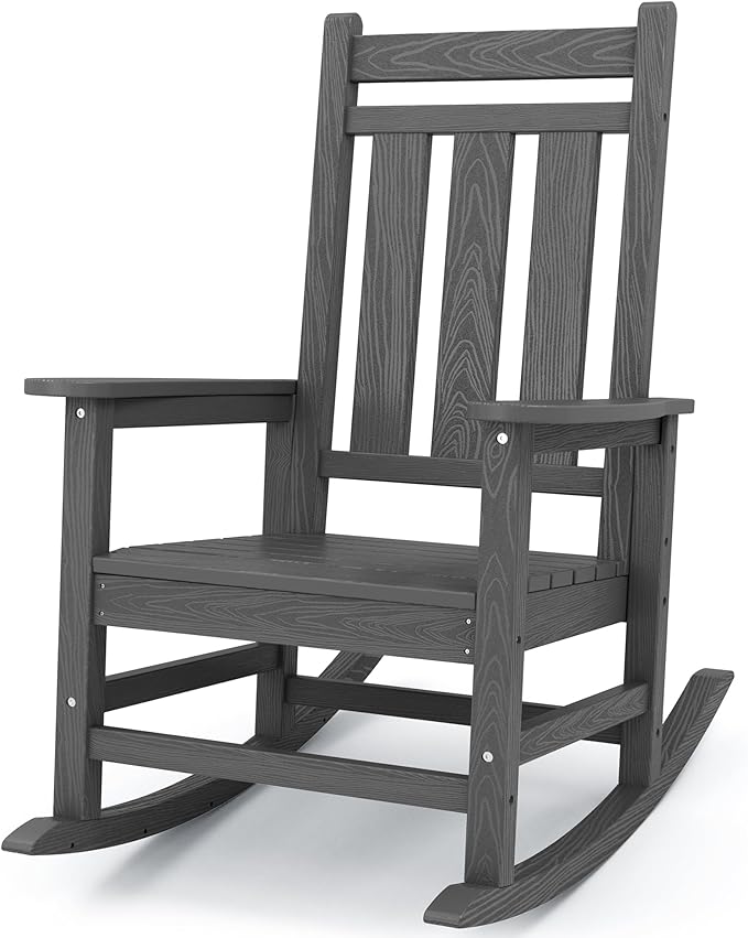 KINGYES Oversized Outdoor Rocking Chair, All-Weather Patio Rocking Chairs for Porch, HDPE Outdoor Patio Rockers with High Back & Wide Seat for Garden, Lawn, Gray by KINGYES