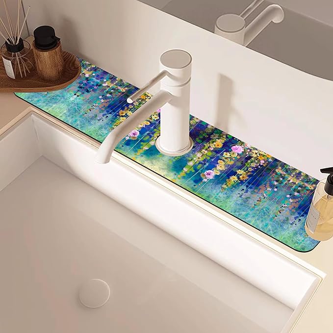 Abstract Watercolor Floral Kitchen Sink Splash Guard Mat Absorbent Fast Drying - Image 2