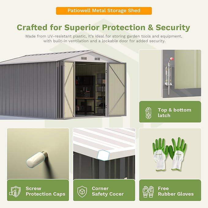 Patiowell 10 x 12 FT Metal Storage Shed for Outdoor, Steel Yard Shed with Design of Lockable Doors, Utility and Tool Storage for Garden, Backyard, Patio, Outside use, Gray - Image 5