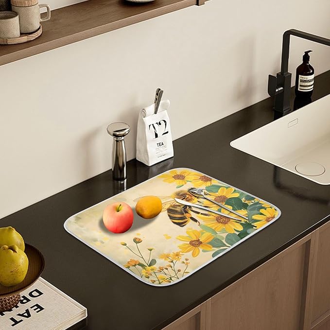 Honey Bee Dish Drying Mat for Kitchen Counter Absorbent Microfiber Small Drying - Image 6