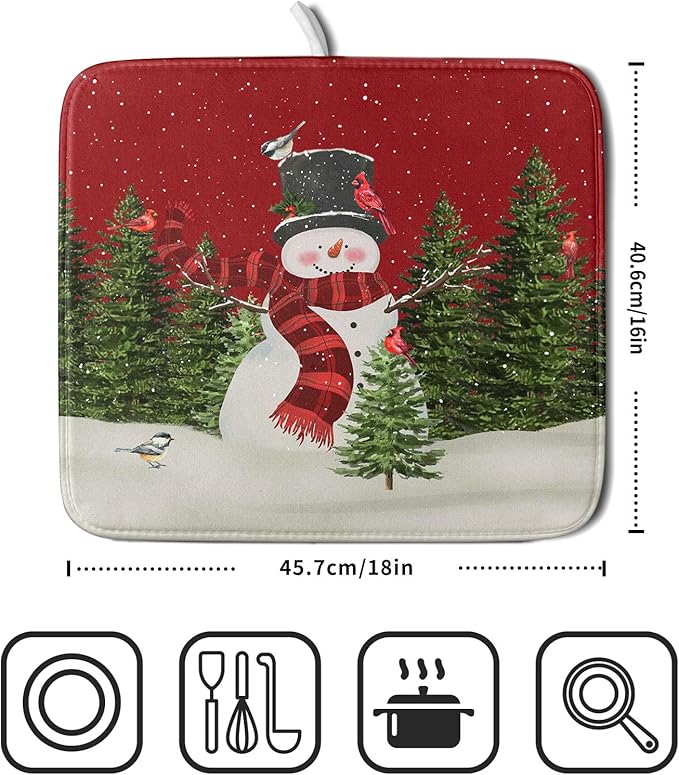 Christmas Dish Drying Mat for Kitchen Counter Red Xmas Snowman Trees Birds - Image 2