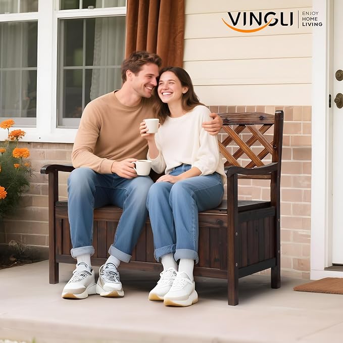 VINGLI Outdoor Storage Bench, Large Wood Deck Box with Seating, Weatherproof Outdoor Bench with Storage Loveseat, 2-Person Wooden Patio Bench for Entryway, Backyard, Garden - Image 2