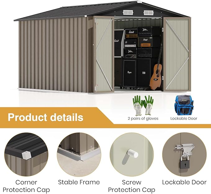Patiowell 12 x 8 FT Outdoor Storage Shed, Steel Shed Storage House with Design of Lockable Doors, Utility and Tool Storage for Garden, Patio, Backyard, Outside use, Brown - Image 4