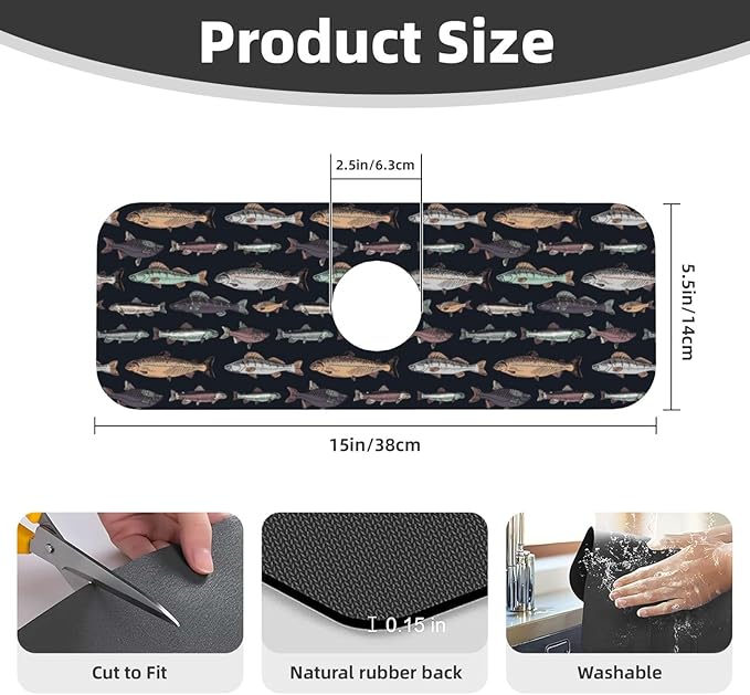 Vintage Fish Fishes Ocean Fishing Kitchen Sink Splash Guard Faucet Mat Super - Image 2