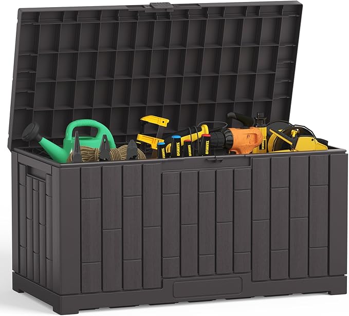NEWBULIG 60 Gallon Deck Box, Waterproof Outdoor Storage Box with Lockable Lid, Patio Furniture Bench & Side Table, Outside Storage Container, Tool-Free Assembly, for Garden, Pool, Brown by NEWBULIG