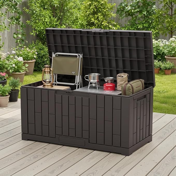 NEWBULIG 60 Gallon Deck Box, Waterproof Outdoor Storage Box with Lockable Lid, Patio Furniture Bench & Side Table, Outside Storage Container, Tool-Free Assembly, for Garden, Pool, Brown - Image 7