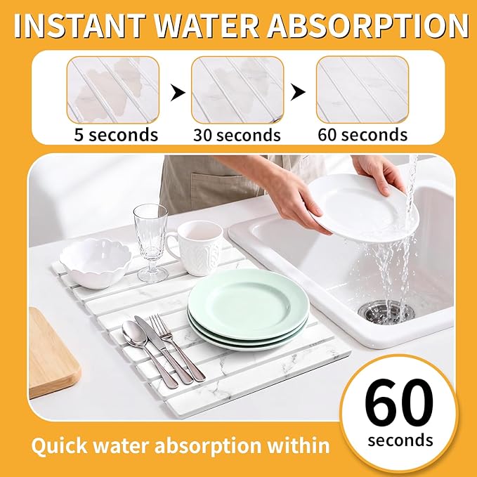 Stone Dish Drying Mat for Kitchen Counter, Non-Slip Quick Absorbent - Image 2