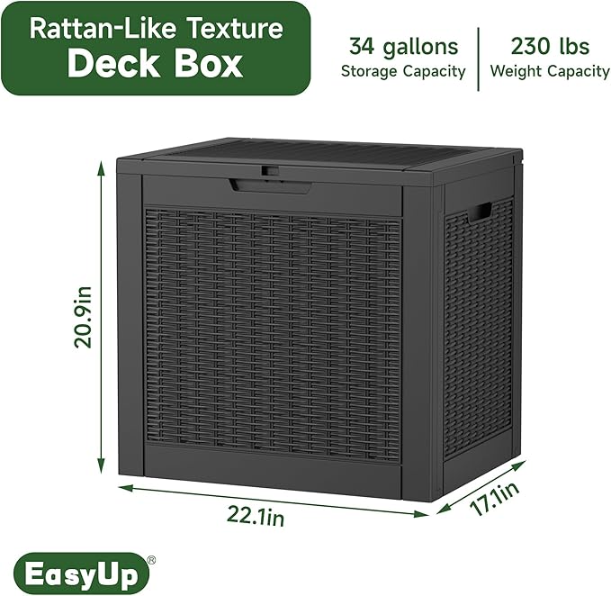 EasyUp 34 Gallon Resin Deck Box Waterproof, UV Resistant Outdoor Storage Box for Delivery, Garden, Patio,and Porch, Rattan Black - Image 2