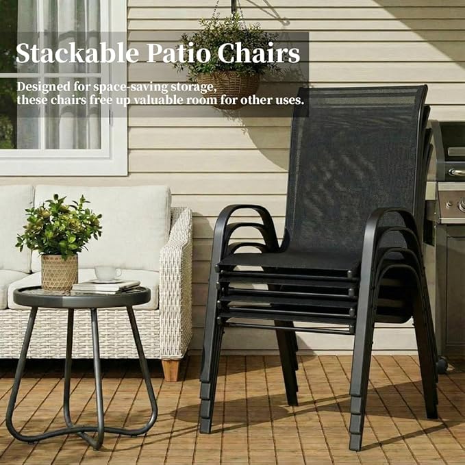 MAMIZO Patio Dining Chairs, Stackable All Weather Teslin Chair, Heavy Duty Outdoor Breathable Chairs Set, w/Armrests, Upgraded Chair FeetW/Strenthened Iron Spacers, 330 LBS (4, Black) - Image 6