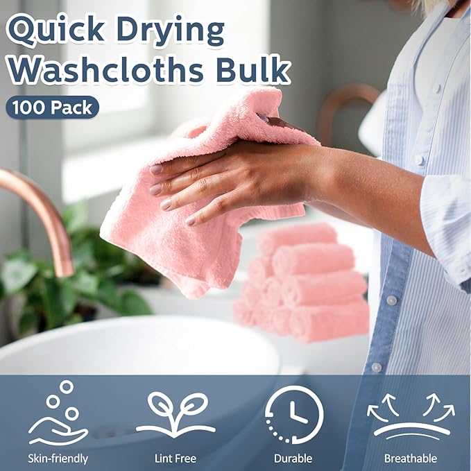 Newwiee 100 Count Washcloths Quick Drying Bathroom Wash Clothes 12 x 12 Inch - Image 3