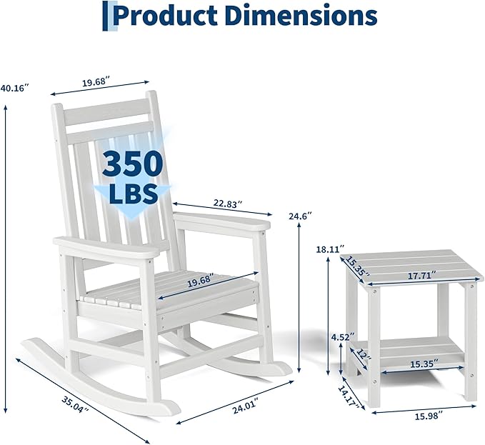 HDPE Rocking Chair Outdoor Set of 4 with 2 Side Table - Poly High Back Porch Rocker Chairs for Adults - All Weather Resistant Furniture for Patio Front Porch - White - Image 2
