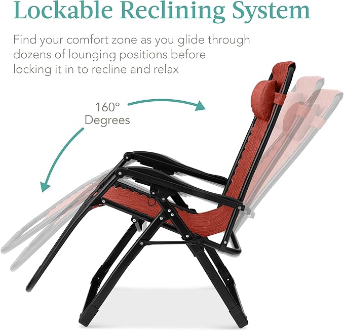 Best Choice Products Oversized Zero Gravity Chair, Folding Outdoor Patio Recliner, XL Anti Gravity Lounger w/Removable Cushion, Cup Holder, Side Tray, 350lb Capacity - Burnt Orange - Image 6