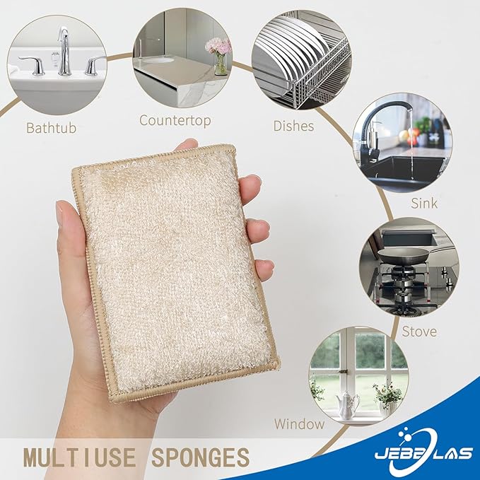 JEBBLAS Bamboo Natural Kitchen Sponges Dish Sponge Cleaning Sponge Heavy Duty - Image 2