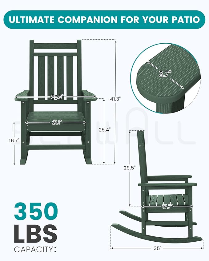 SERWALL Oversized Outdoor Rocking Chair Set of 2, HDPE Rocker for Adults, Patio Rocking Chairs for Porch, Green - Image 3