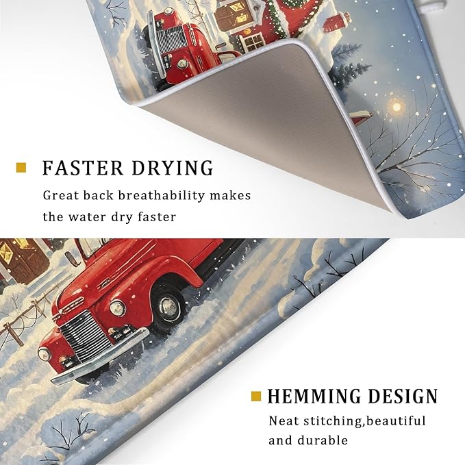 Christmas Dish Drying Mat for Kitchen Counter 18x24 Red Truck Winter Xmas Snow - Image 3