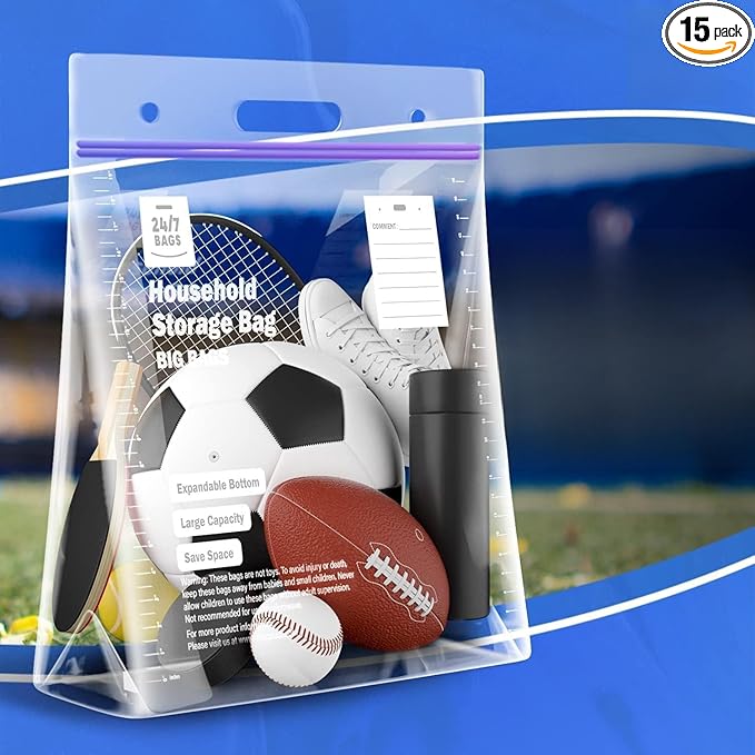 15 XX-Large Plastic Storage Bags, 10 Gallons, Zero BPA, Double Zipper Seal by 247BAGS