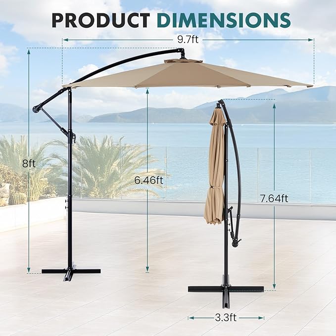 OLIXIS Offset Patio Umbrella, 9.7FT Cantilever Table Umbrellas for Outdoor Sun Shade UV Protection with Easy Tilt Adjustment, 8 Ribs for Backyard, Lawn, Garden, Pool - Khaki - Image 5
