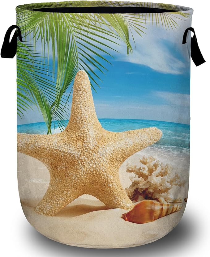 Starfish Seashell Laundry Basket, Ocean Sea Beach Laundry Hamper Collapsible by ANTJOO