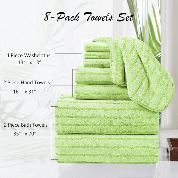 8 Pcs Grass Green Cabana Stripe Large Bath Towel Set - Image 3