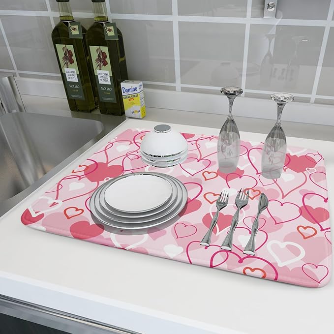 Valentines Day Dish Drying Mat for Kitchen Pink Hearts Absorbent Reversible - Image 6