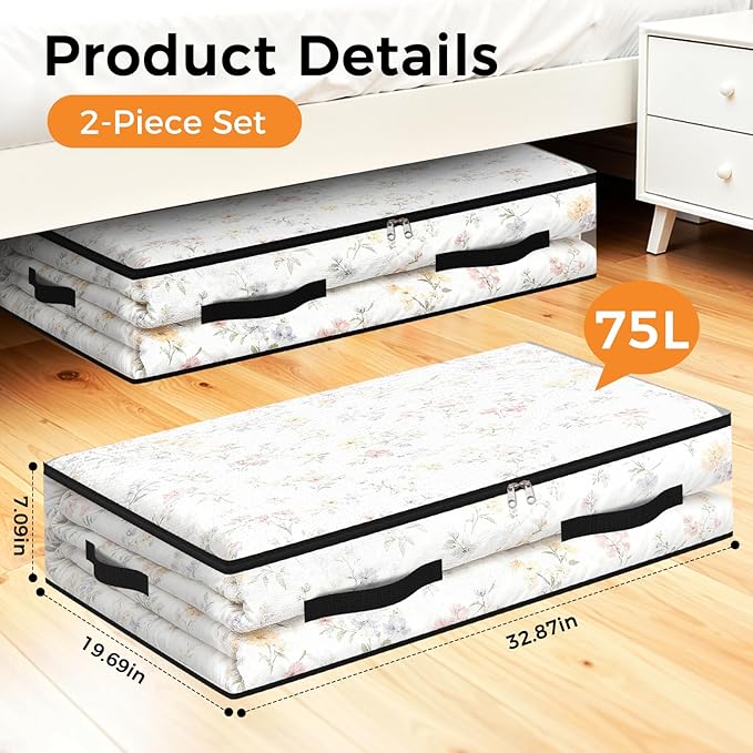 2 Pack Under Bed Storage Bags, 75L Foldable Clear Storage Containers - Image 2