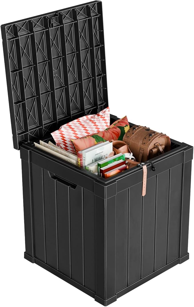 ROJIK Outdoor Storage Housing Deck Box - Waterproof Patio Furniture, Garden Tools, Cushions, Pool Accessories Storage Bench with Lockable Lid and Side Handles (Black, 50 Gal) by ROJIK