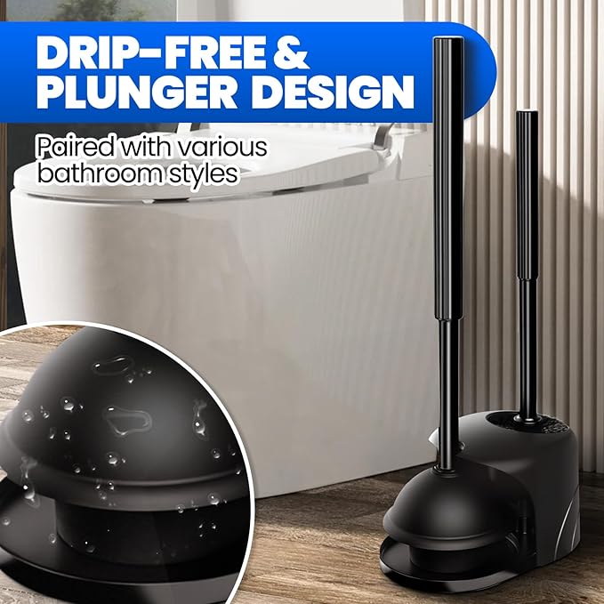4-Piece Toilet Brush and Plunger Set, Extended Handle Plunger, Toilet Bowl - Image 2
