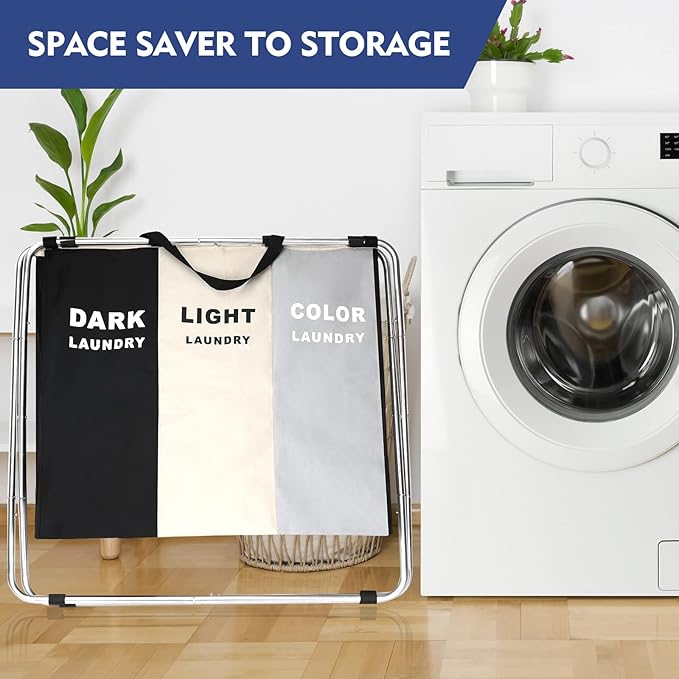 Laundry Cloth Hamper Sorter Basket Bin Foldable 3 Sections - Image 4