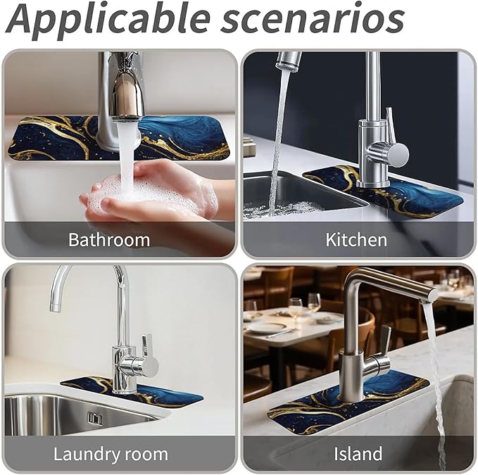 Kitchen Sink Splash Guard，Blue and gold marble texture Faucet Mat Sink - Image 7