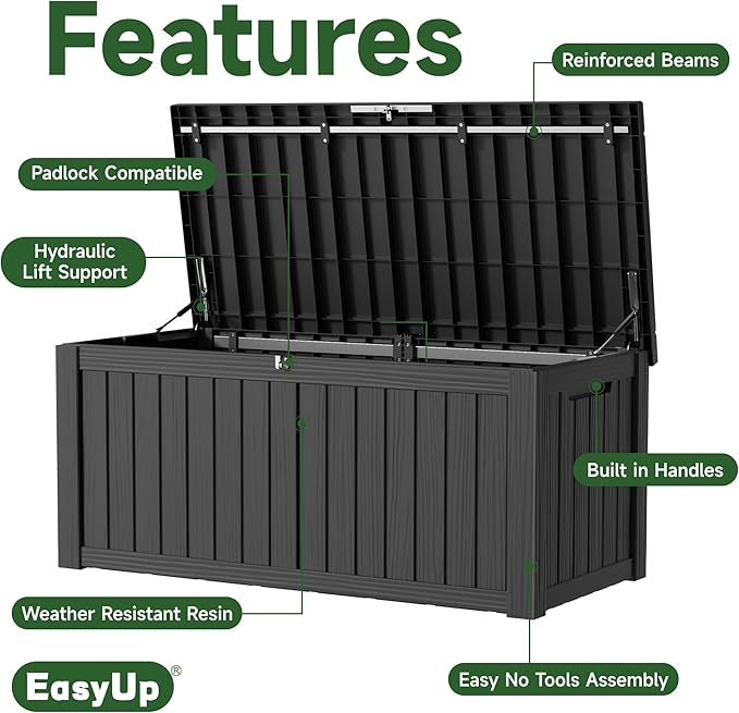 EasyUp 150 Gallon Outdoor Storage Box, Resin Waterproof UV-Resistant Deck Box with Hydraulic Lid Support, Reinforced Stability for Patio, Garden, and Poolside, Black - Image 3