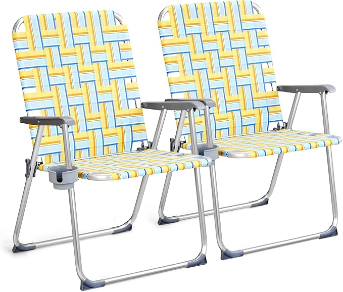 VINGLI Aluminum Oversize Patio Lawn Chairs Folding Set of 2 with Detachable Cup Holder, Webbed Beach Chair Folding Chair Outdoor Portable Camping Chair for Yard, Garden by VINGLI
