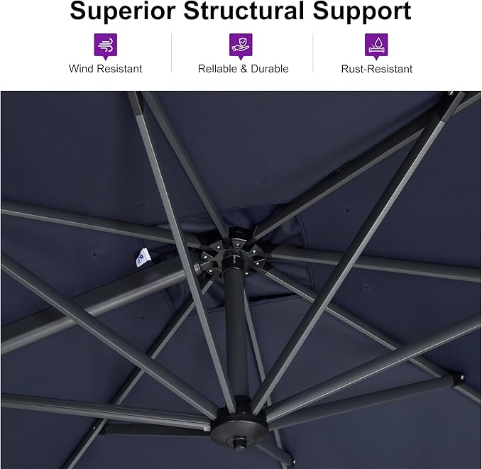 PURPLE LEAF Patio Umbrella with Base 10 Feet Outdoor Cantilever Square Umbrella Aluminum Offset Umbrella with 360-degree Rotation for Garden Deck Pool Patio, Navy Blue - Image 6