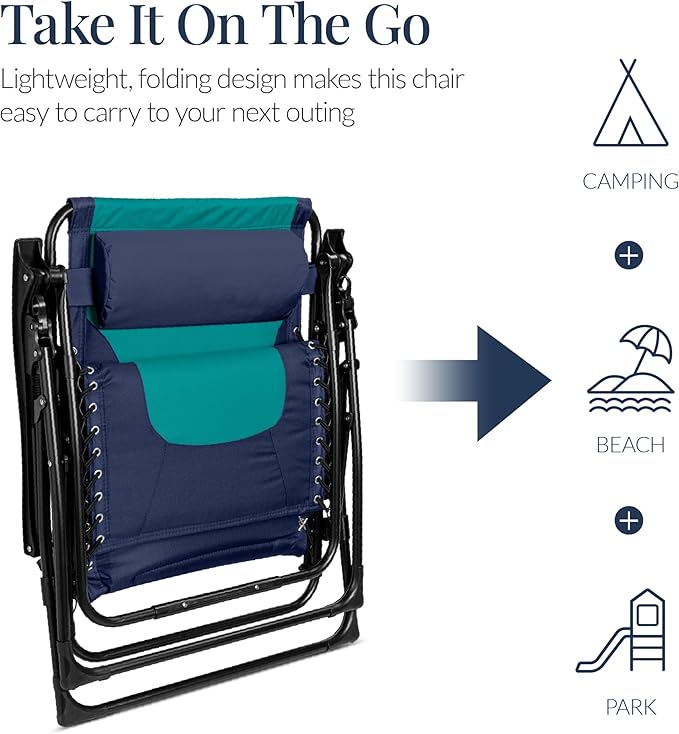 Best Choice Products Oversized Padded Zero Gravity Chair, Folding Outdoor Patio Recliner, XL Anti Gravity Lounger for Backyard w/Headrest, Cup Holder, Side Tray, Polyester Mesh - Navy/Teal - Image 6