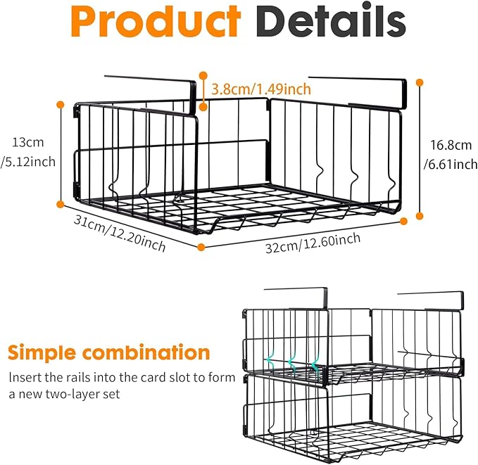Hanging Under Shelf Storage Basket, 4 Pack Foldable Under Cabinet Metal Desk - Image 7