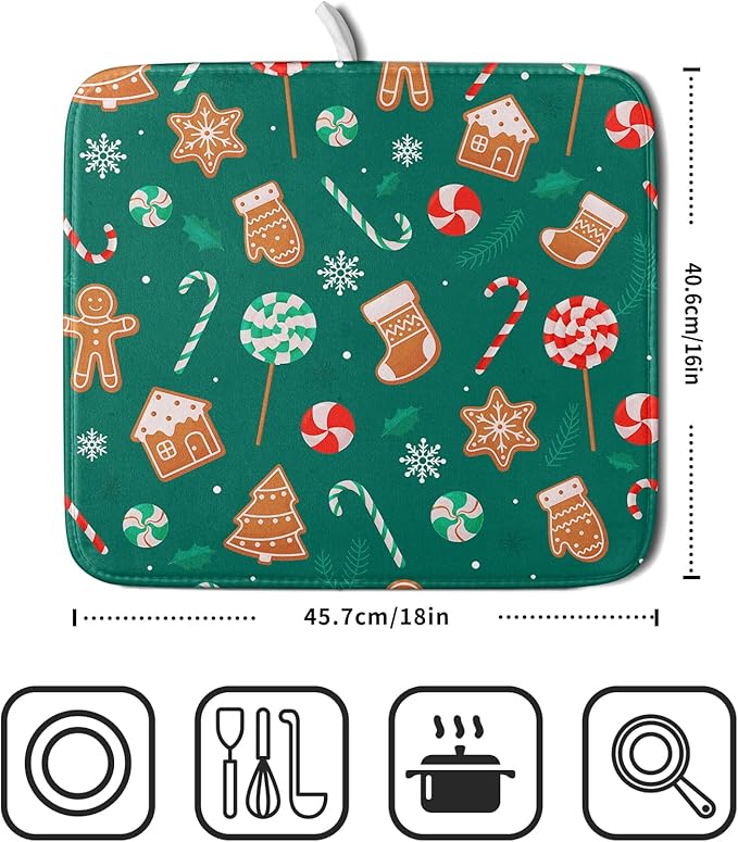 Gingerbread Dish Drying Mat for Kitchen Counter Holiday Green Super Absorbent - Image 2