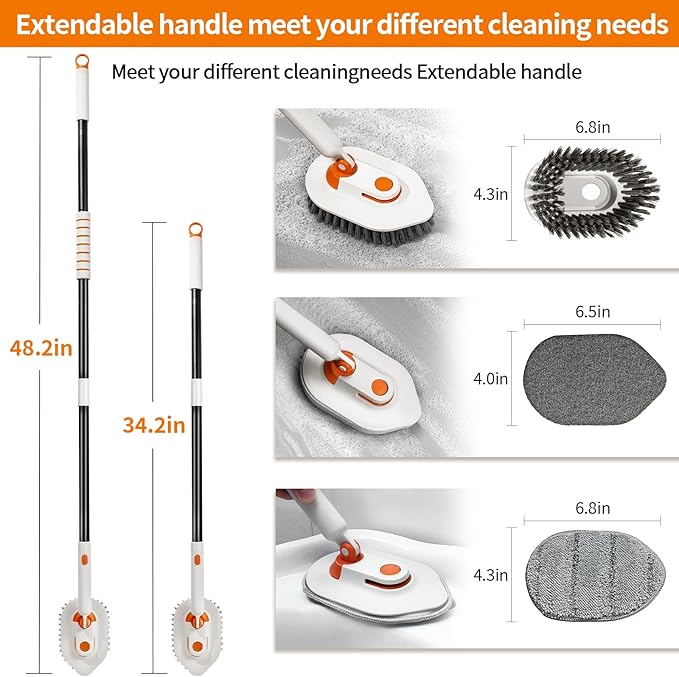 Bathroom Scrub Brush with Long Handle, 3-in-1 Tub and Tile Cleaner with 5 - Image 4