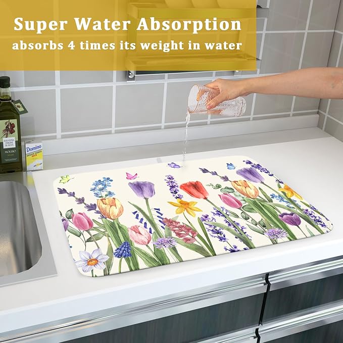 Spring Floral Dish Drying Mat for Kitchen Counter 18x24 Inch Spring Flowers - Image 7
