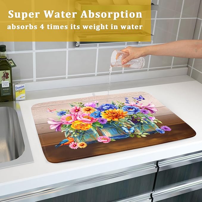 Spring Flowers Dish Drying Mat for Kitchen Counter 18x24in Vintage Plants - Image 7