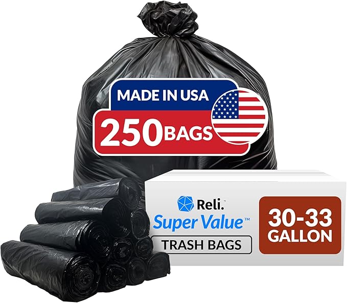 Reli. 30-33 Gallon Trash Bags Heavy Duty | 250 Count Bulk | Black Large Trash by Reli